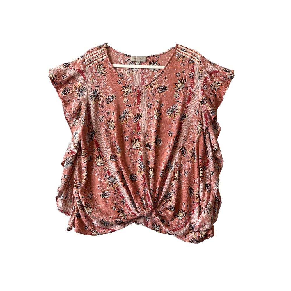 Boho‎ Pink Floral Ribbon Crochet Blouse 1X Flowy Ruffle Twist Front Shabby Chic